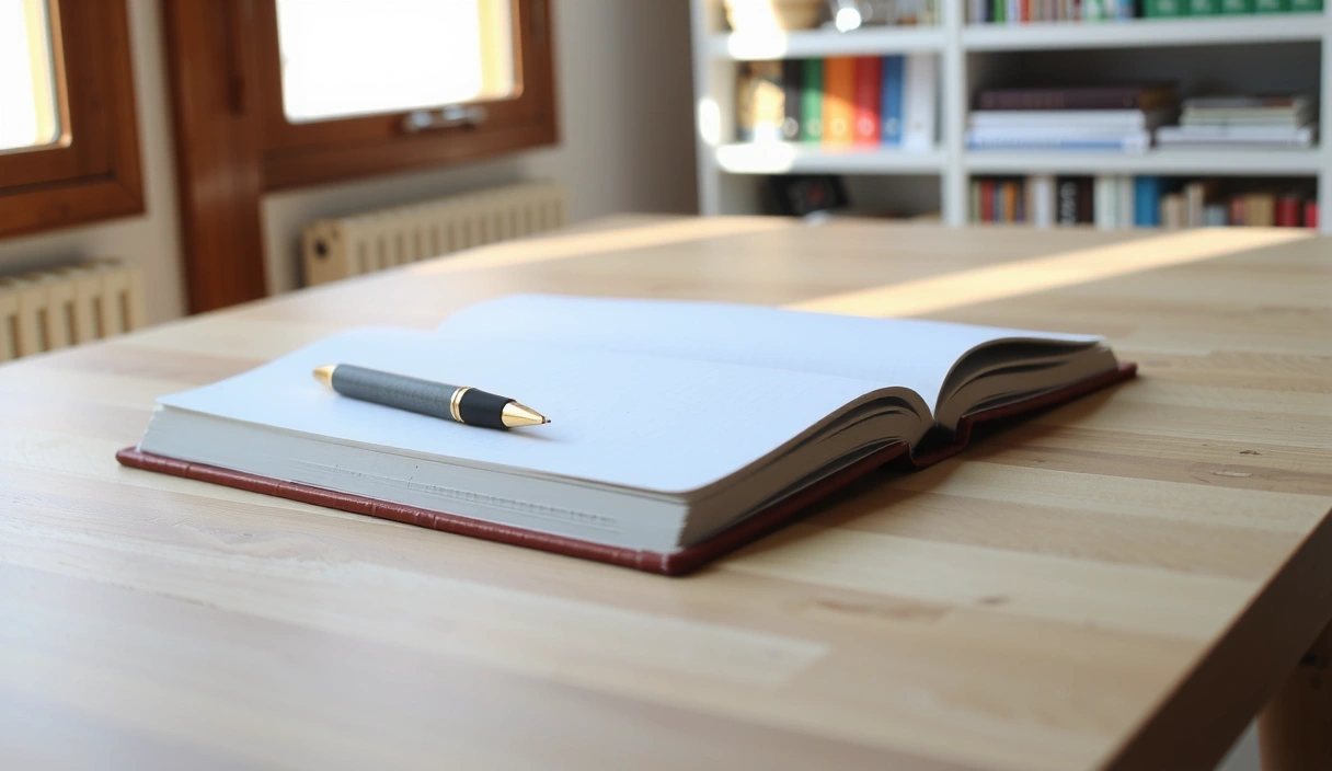 Carnet et stylo sur une table en bois, symbolisant la réflexion et l'écriture d'articles de blog sur la santé et le bien-être.