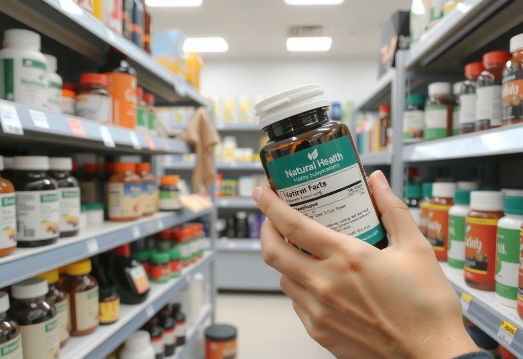 Personne examinant attentivement l'étiquette d'un flacon de compléments alimentaires dans un magasin bio.