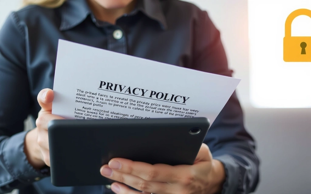 Personne lisant un document de politique de confidentialité sur une tablette, symbolisant la protection des données.