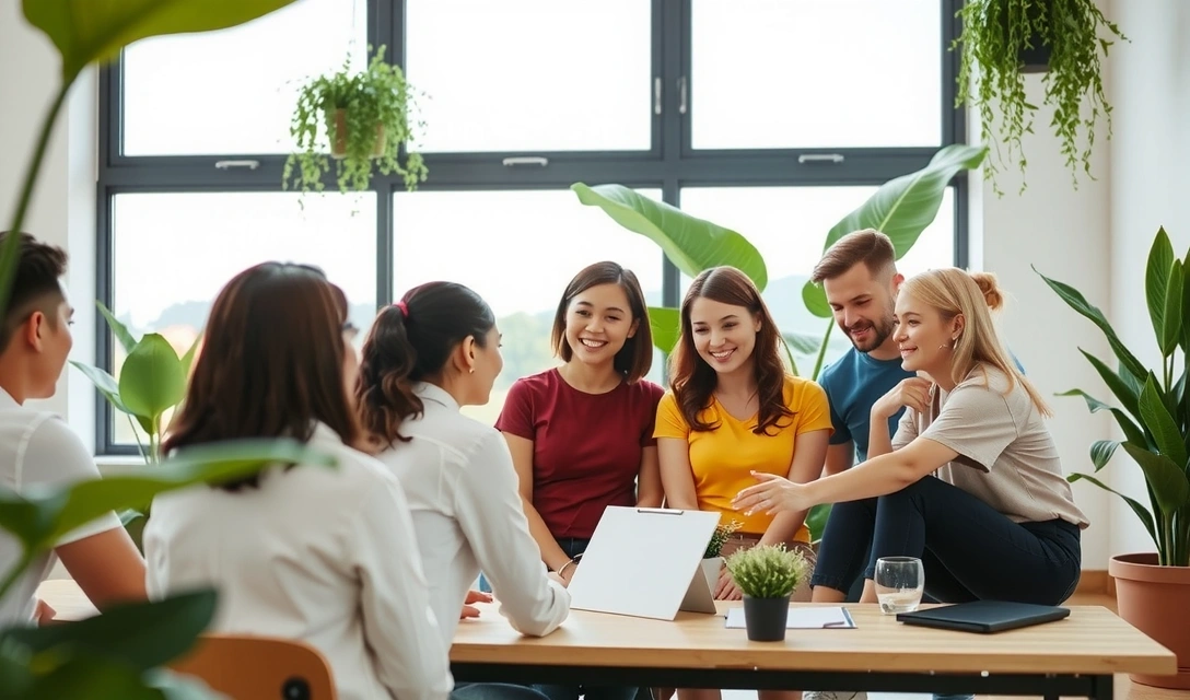 Équipe collaborant dans un environnement lumineux et naturel
