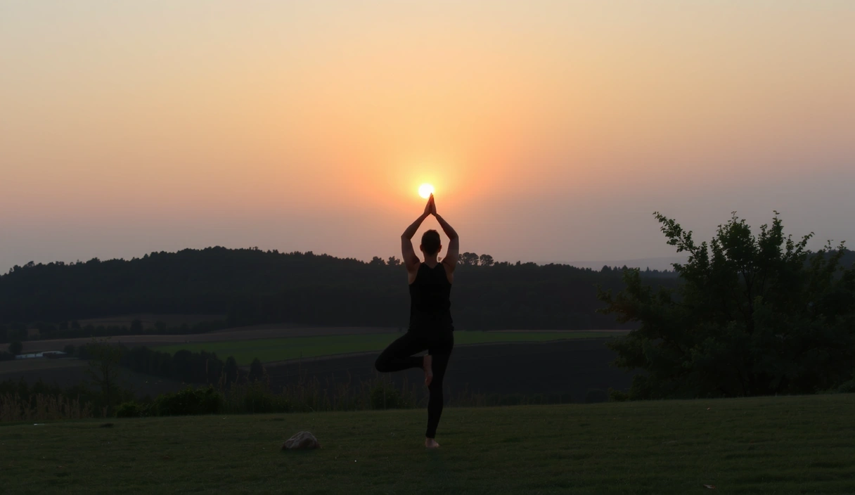 Personne faisant du yoga au lever du soleil dans un paysage serein