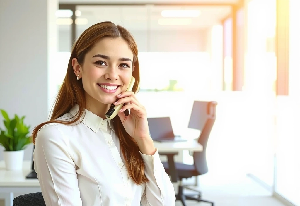 Personne souriante répondant au téléphone dans un bureau moderne